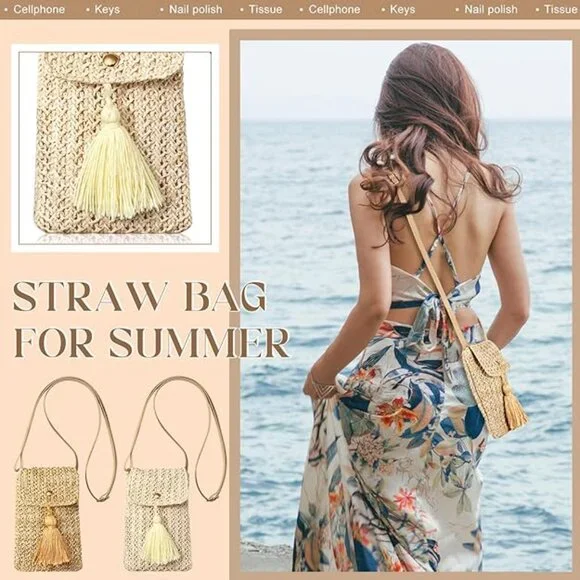 2 Pcs Straw Beach Bag for Women Summer Woven Straw Purse Cute Shoulder Crossbody Bags